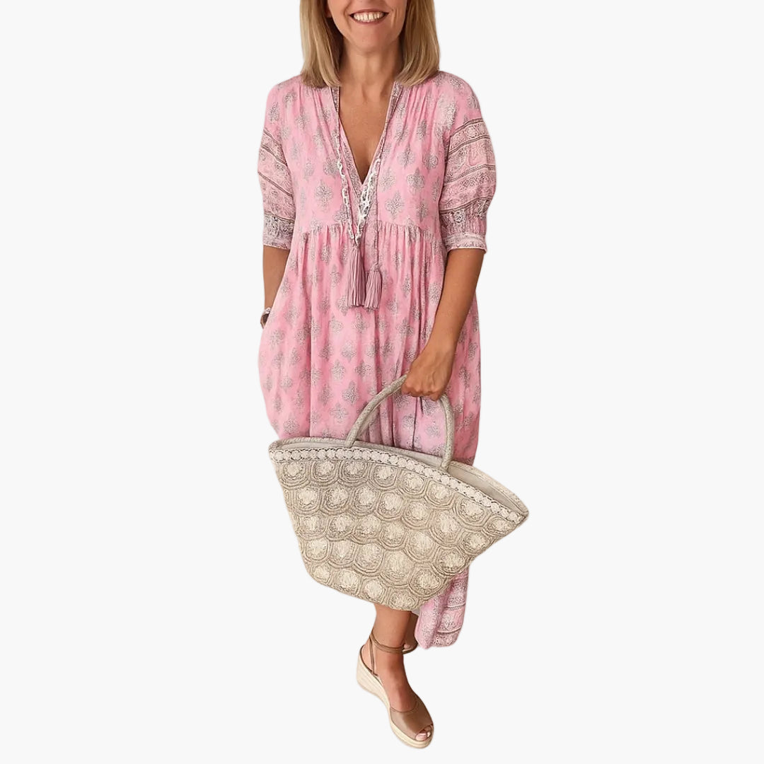 Damklänning Boho Stil Midi Avslappnad med Tryck och 3/4-Ärm för Sommar och Semester