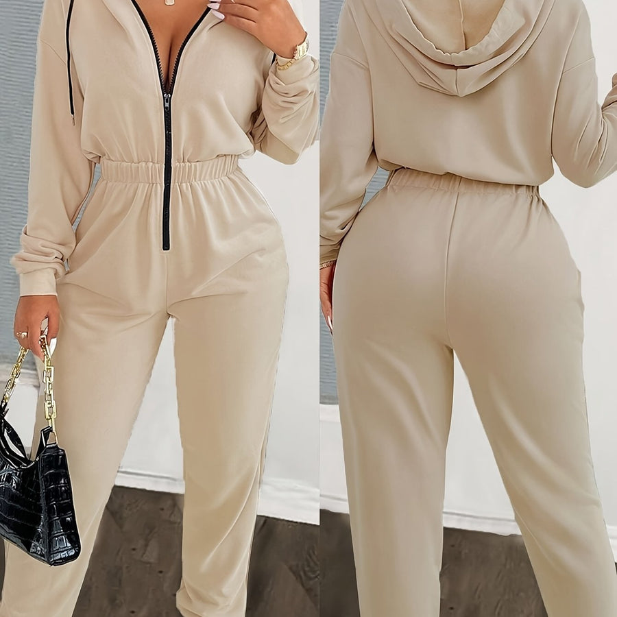 Dam jumpsuit med huva, lång dragkedja och resår i midjan - Beige