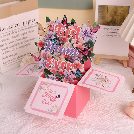Pop-up kort för kvinnor – Blommande 3D-present till Mors dag med fjärilar och text Best Mom Ever