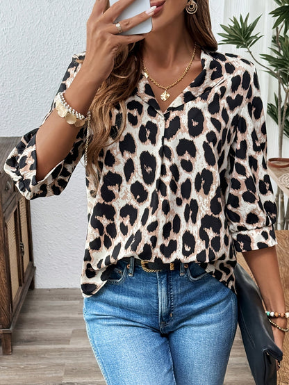 Dam Elegant Leopardmönstrad Blus med Lång Ärmar – Perfekt för Vardag och Arbete
