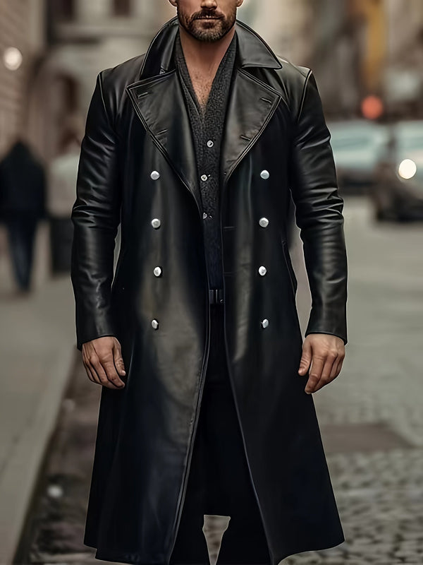 Svart lång trenchcoat för herrar med dubbelknäppning