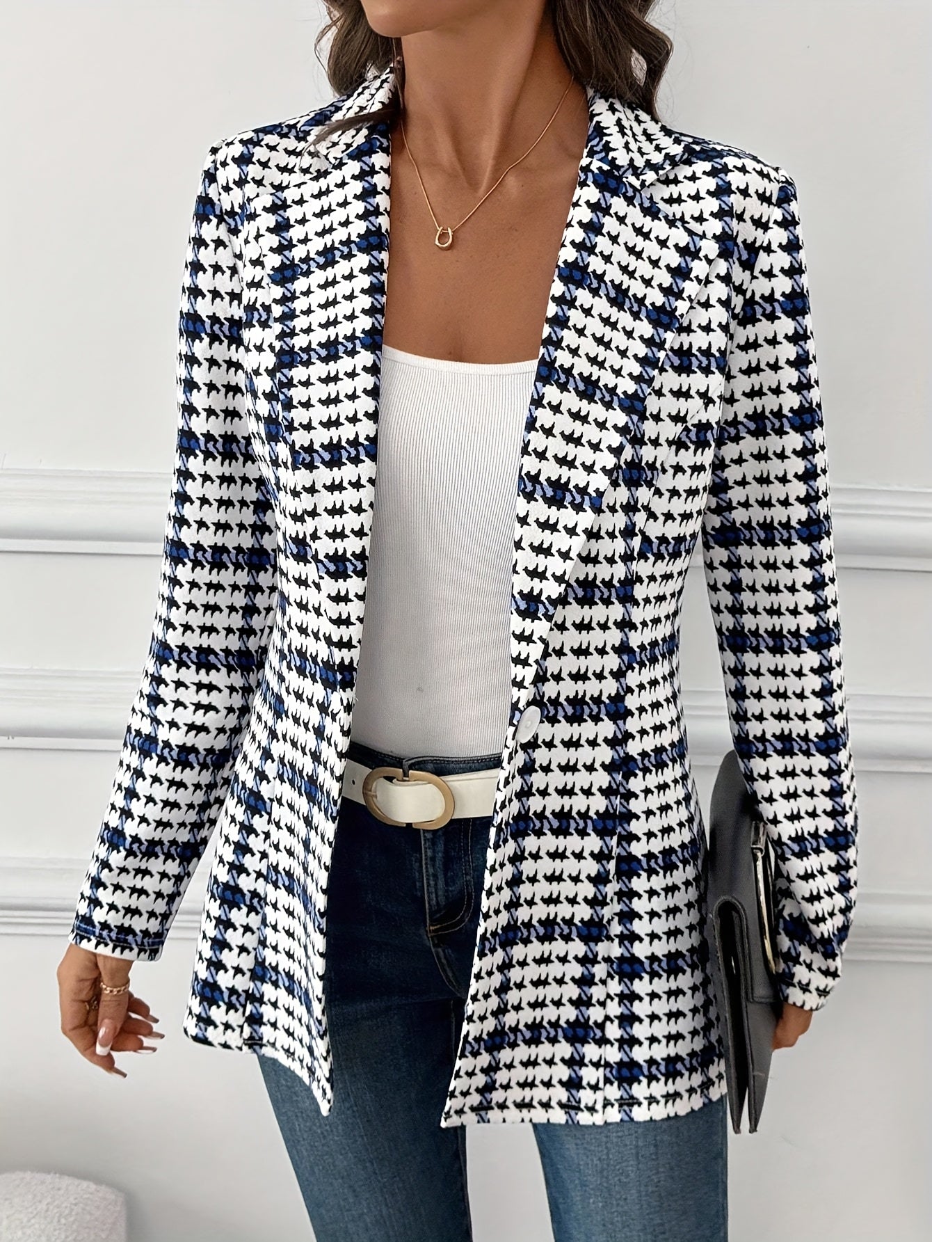 Dam Elegant Rutigt Kavaj Blazer för Vår – Långärmad, Stilren och Mångsidig