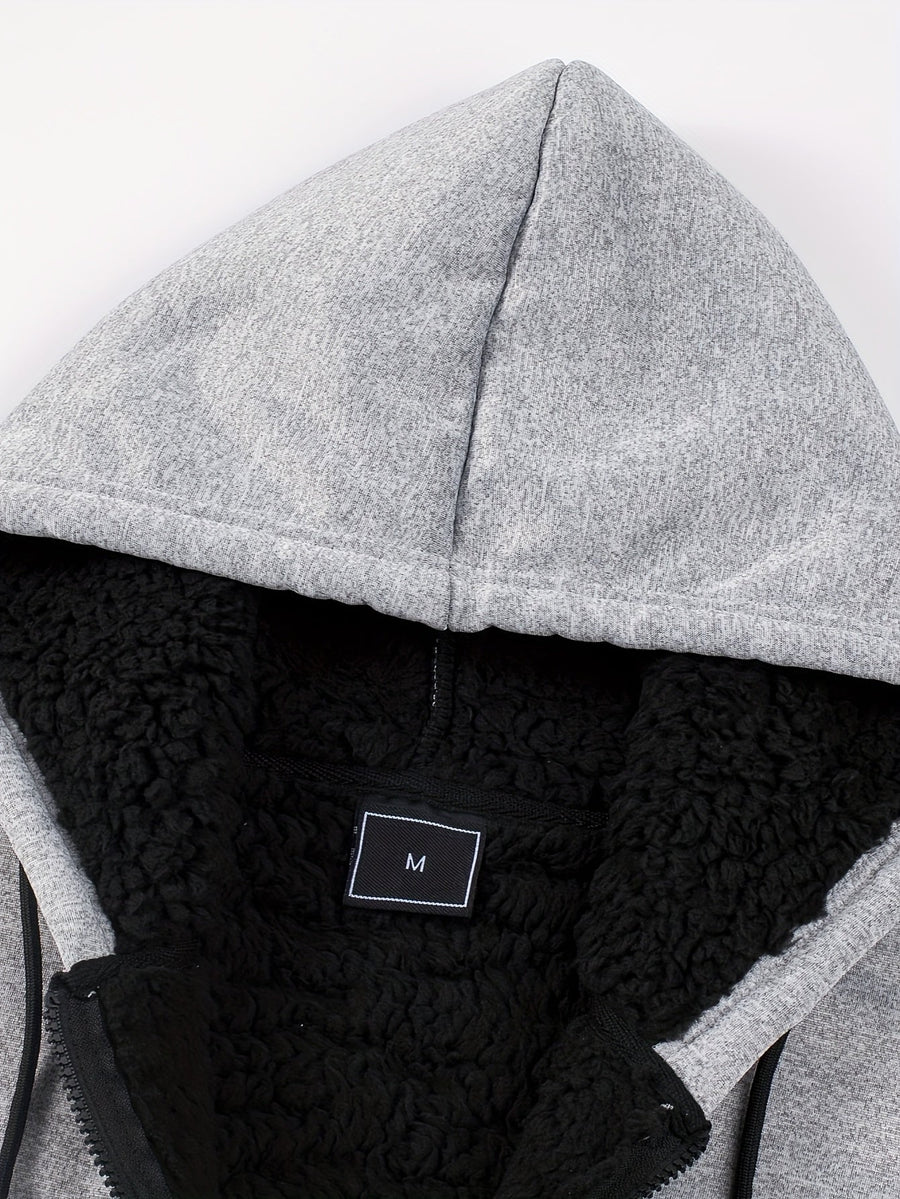 Grå teddyfodrad hoodie med dragkedja och huva