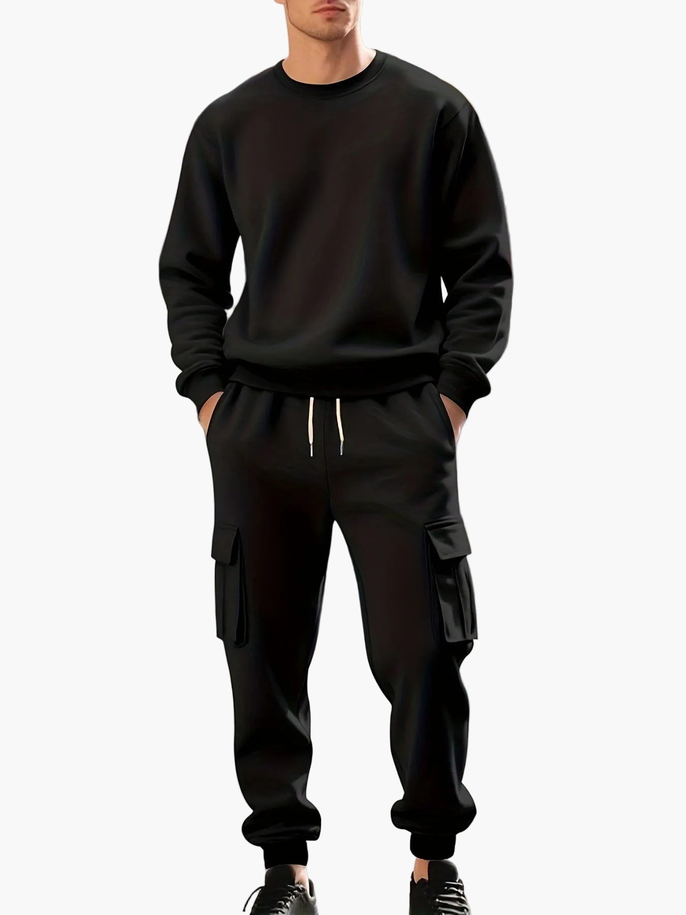 Herr Sportig Joggingdräkt Set med Cargo Byxor och Trendig Sweatshirt Fritidskläder
