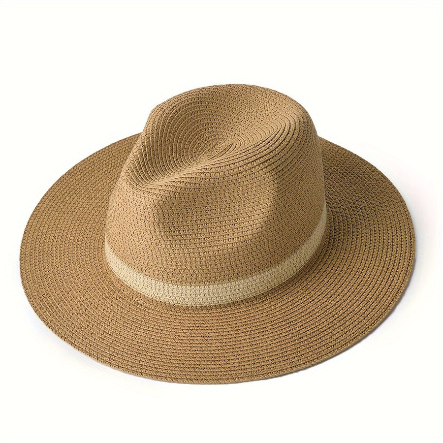 Fedora-hatt i halmimitation med band, khakifärgad