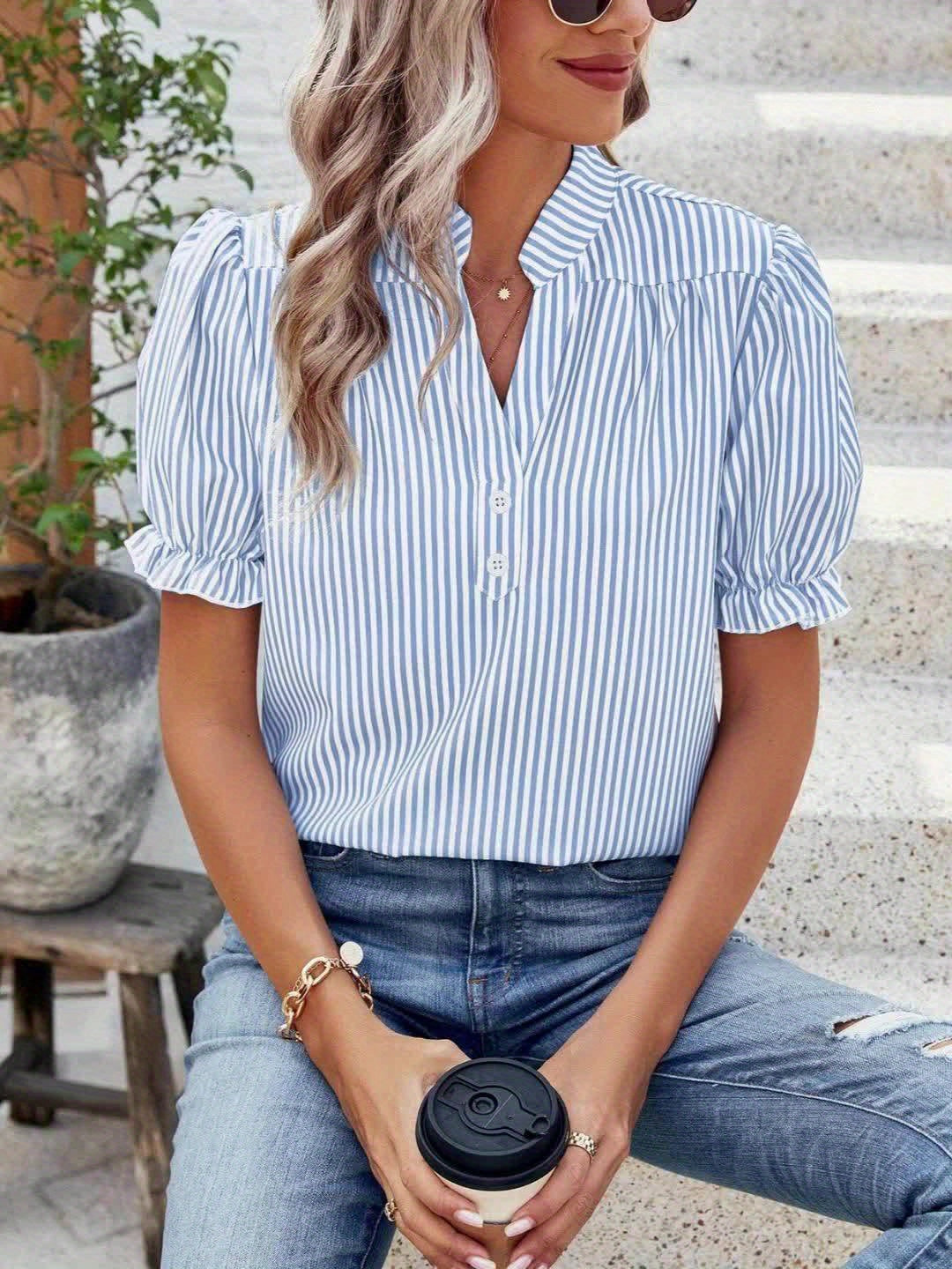 Dam Blus Randig Vardag Elegant Puffärm Vår/Sommar