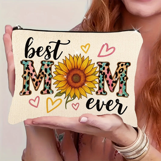 Kvinnors necessär med solros och texten 'Best Mom Ever' – Trendig present till mamma