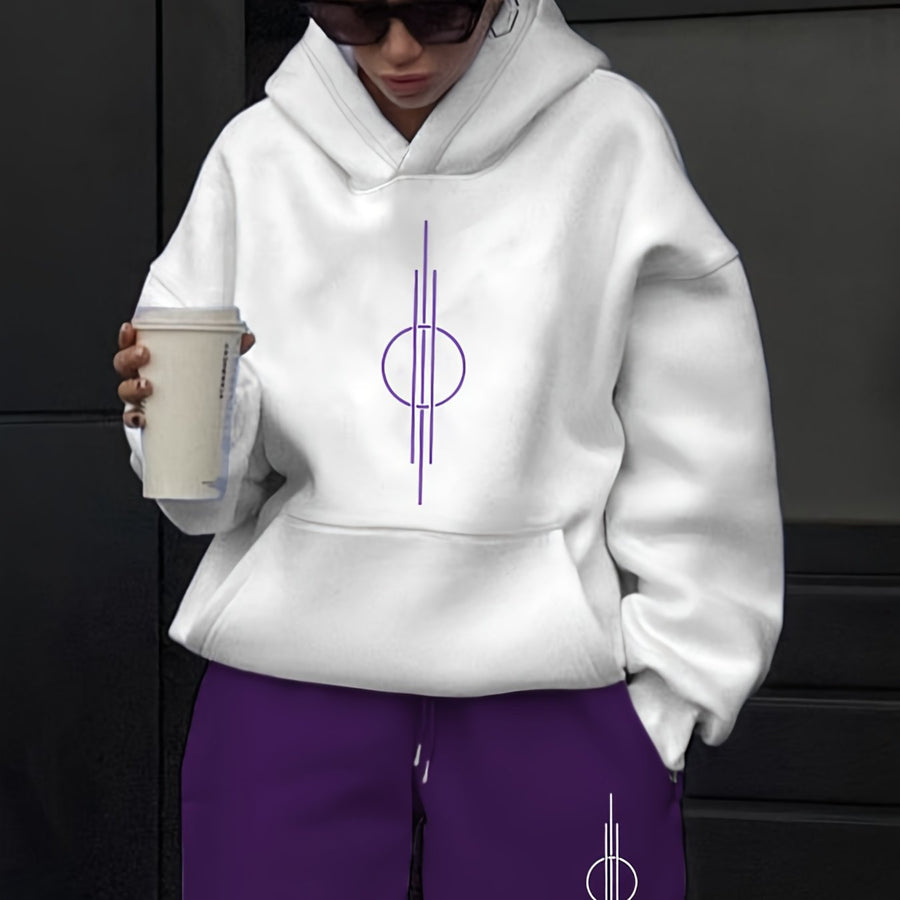 Vit Hoodie och Mjukisbyxor Set med Geometriskt Tryck