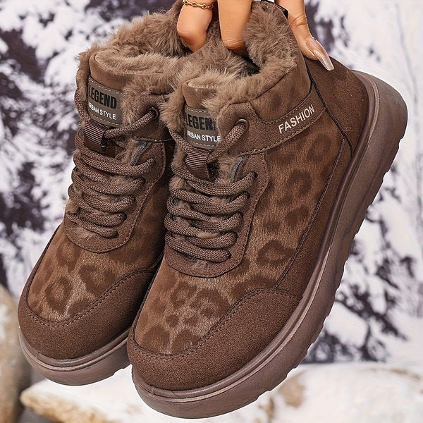 Bruna ankelboots med leopardmönster och foder i fuskpäls