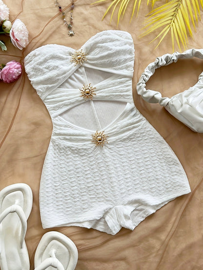 Dam Baddräkt Retro Bandeau Leopardmönstrad med Utskärningar och Dekorativa Spännen – Perfekt för Strand och Pool