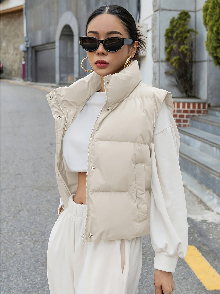 Kort Puffer Väst med Hög Krage för Dam, Beige