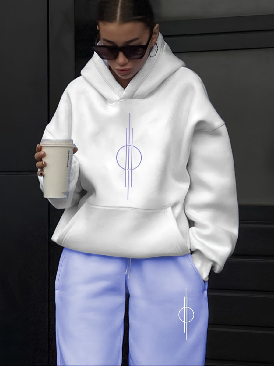 Vit Hoodie och Mjukisbyxor Set med Geometriskt Tryck