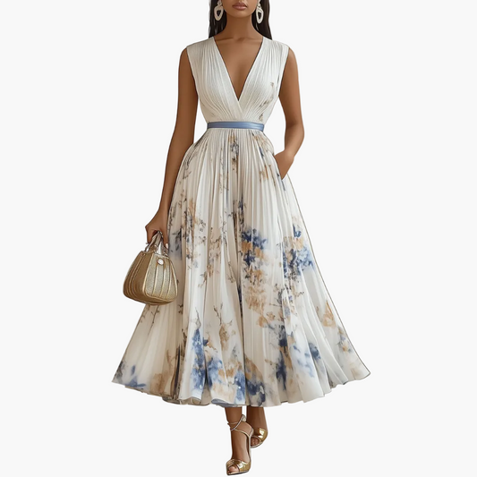 Damklänning Ceremoni Plisserad V-ringad Festklänning Med Blommigt Mönster Elegant Stil