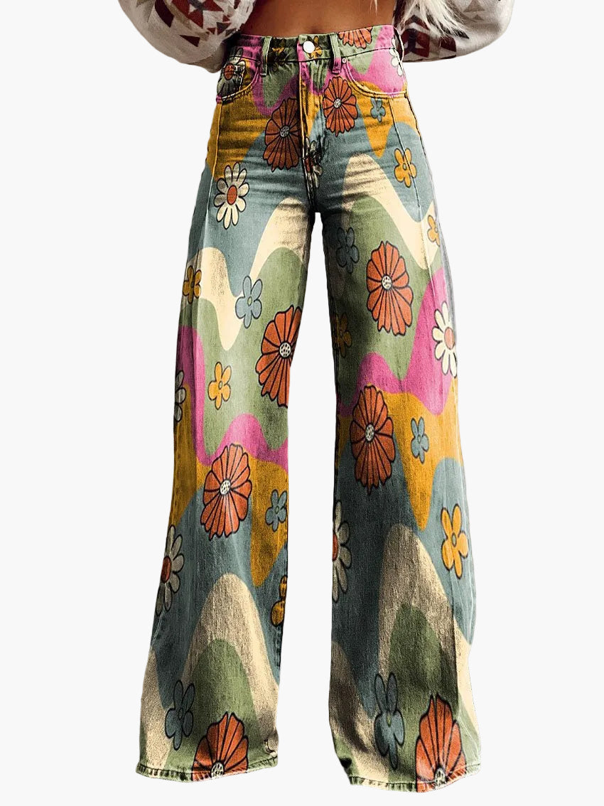 Dam Jeans Vida Ben Baggy Blommönstrade Retro Mode Fritidsbyxor