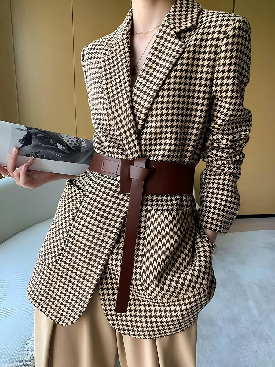 Dam Kavaj Houndstooth Mönster Brun Svart med Skärp Långärmad