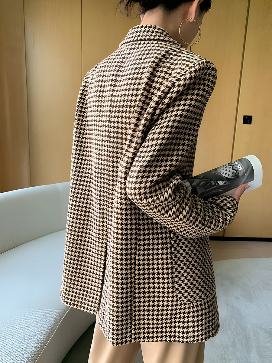 Dam Kavaj Houndstooth Mönster Brun Svart med Skärp Långärmad