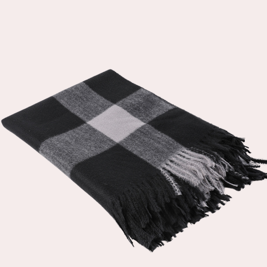 Beige rutig poncho med fransar, mjuk halsdukscape för dam