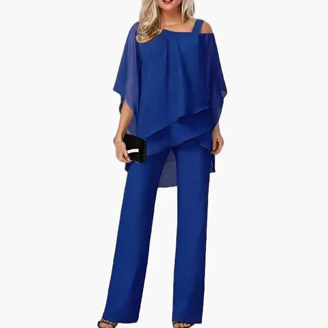 Damernas eleganta tvådelade byxdress med asymmetrisk topp – perfekt för fest, kontor och vardag