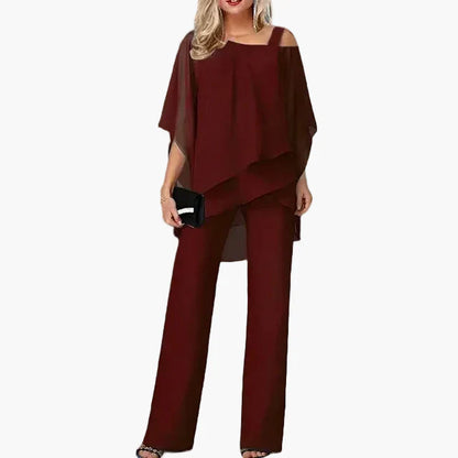 Damernas eleganta tvådelade byxdress med asymmetrisk topp – perfekt för fest, kontor och vardag