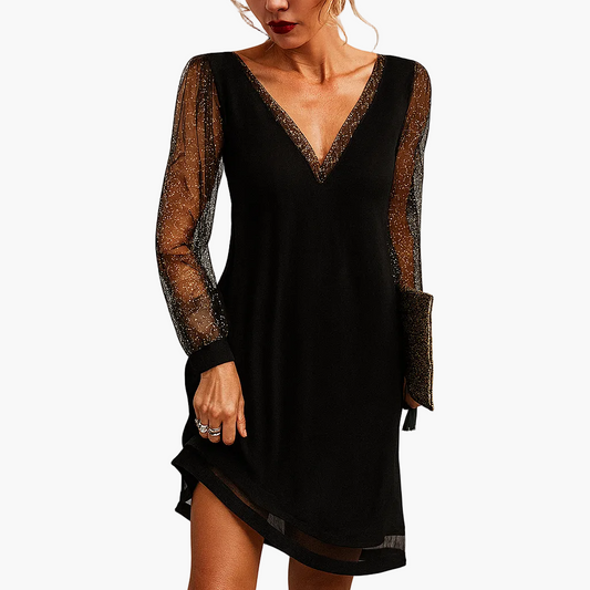 Damklänning med V-ringning och Transparenta Ärmar – Elegant Fest och Kvällslook