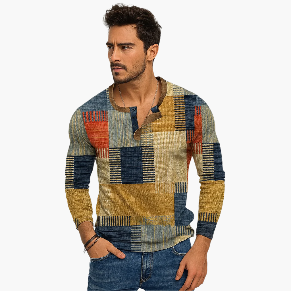 Herrtröja Patchwork Casual – Modern Stickad Tröja för Höst och Vinter
