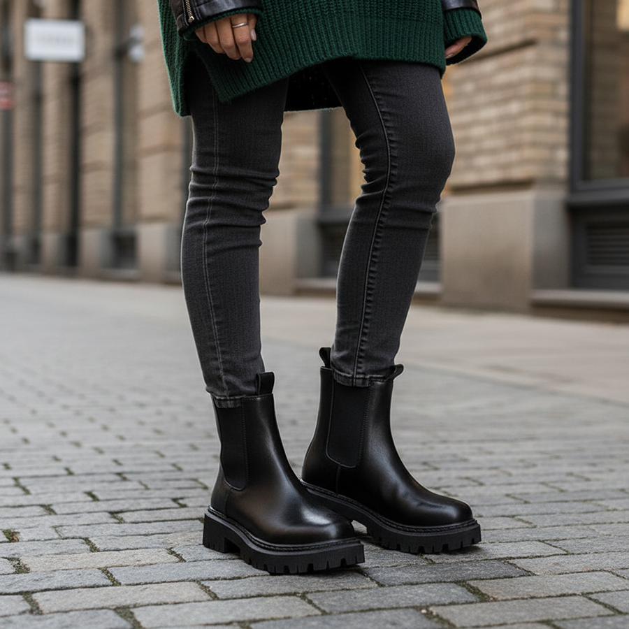 Svarta Chelseaboots med tjock sula och resår, dam