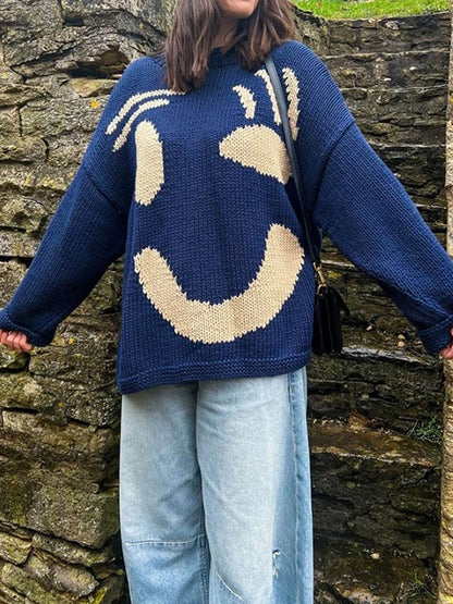 Unisex stickad tröja med konstnärligt smiley-motiv för avslappnad stil och vardagskomfort