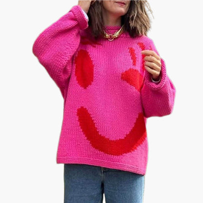 Unisex stickad tröja med konstnärligt smiley-motiv för avslappnad stil och vardagskomfort
