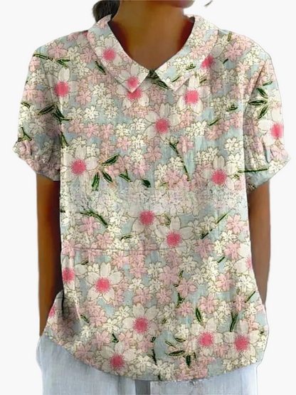 Dam Blus Vintage Blommönster Kortärmad Ledig Stil För Vardag & Arbete