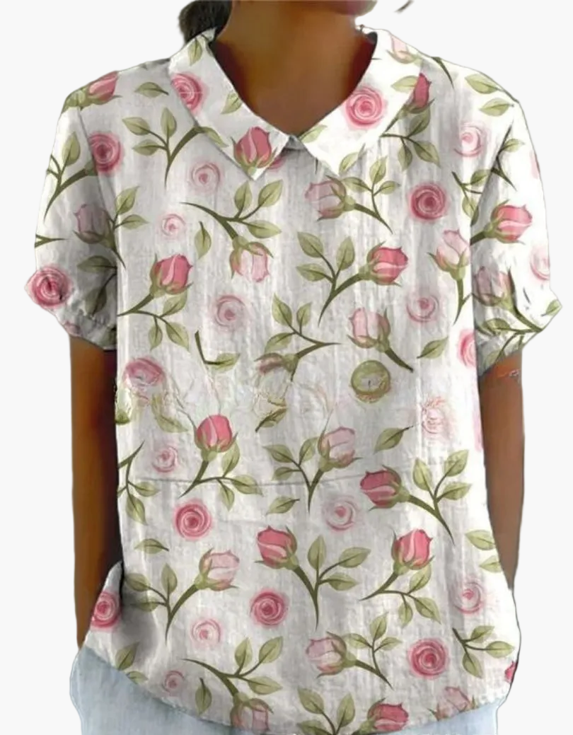 Dam Blus Vintage Blommönster Kortärmad Ledig Stil För Vardag & Arbete