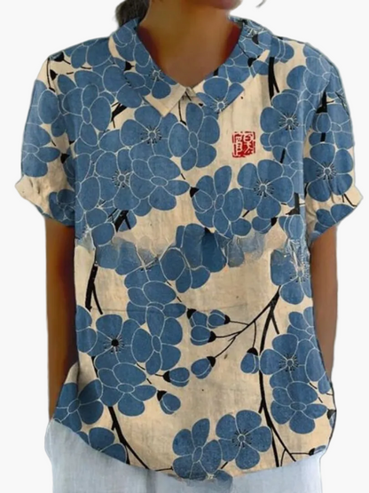 Dam Blus Vintage Blommönster Kortärmad Ledig Stil För Vardag & Arbete