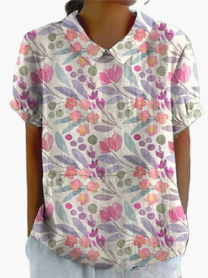 Dam Blus Vintage Blommönster Kortärmad Ledig Stil För Vardag & Arbete