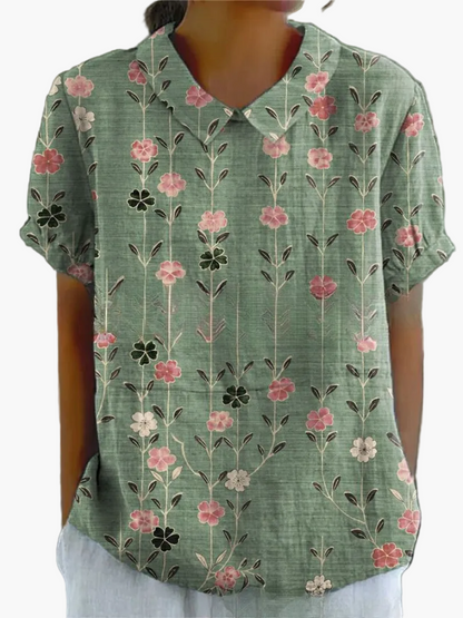 Dam Blus Vintage Blommönster Kortärmad Ledig Stil För Vardag & Arbete