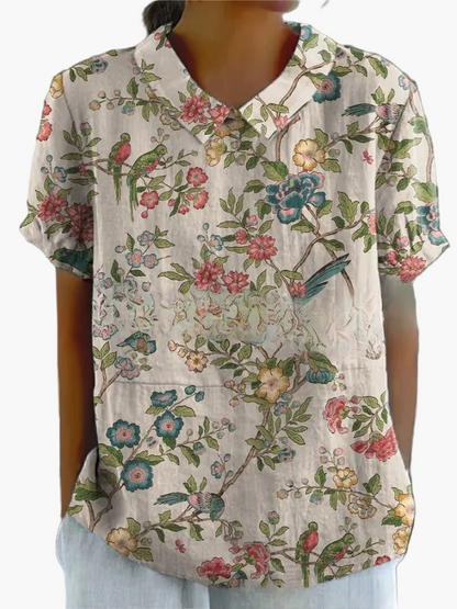 Dam Blus Vintage Blommönster Kortärmad Ledig Stil För Vardag & Arbete