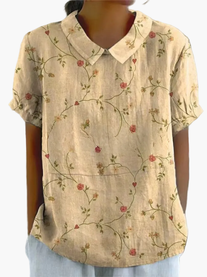 Dam Blus Vintage Blommönster Kortärmad Ledig Stil För Vardag & Arbete
