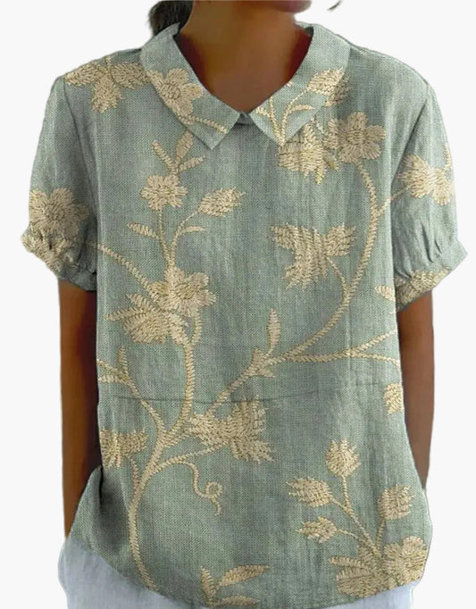 Dam Blus Vintage Blommönster Kortärmad Ledig Stil För Vardag & Arbete