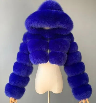 Kort pälsjacka med huva, mjukt material, flera färger