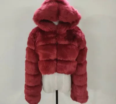 Kort pälsjacka med huva, mjukt material, flera färger