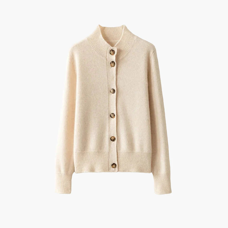 Damstickad cardigan med hög krage och knappar – elegant vardagsstil
