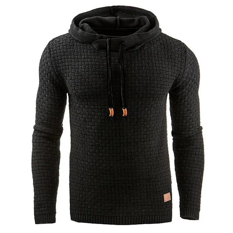 Rutig hoodie i stickat material med huva och dragsko