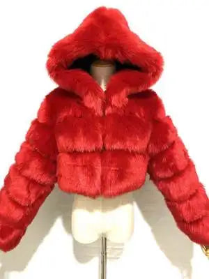 Kort pälsjacka med huva, mjukt material, flera färger