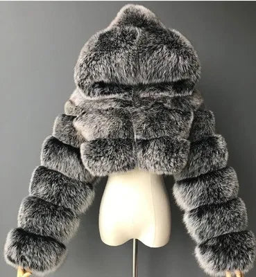 Kort pälsjacka med huva, mjukt material, flera färger