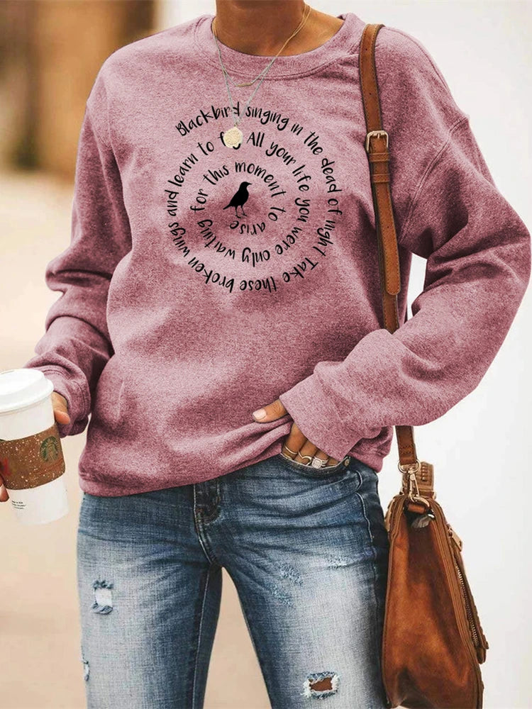 Tröja med Svartfågel och Citat Rundhals Långärmad