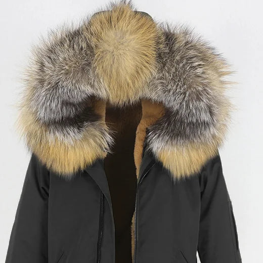 Vinterparkas med fodrad luva och avtagbar pälskant, lång modell med dragskor