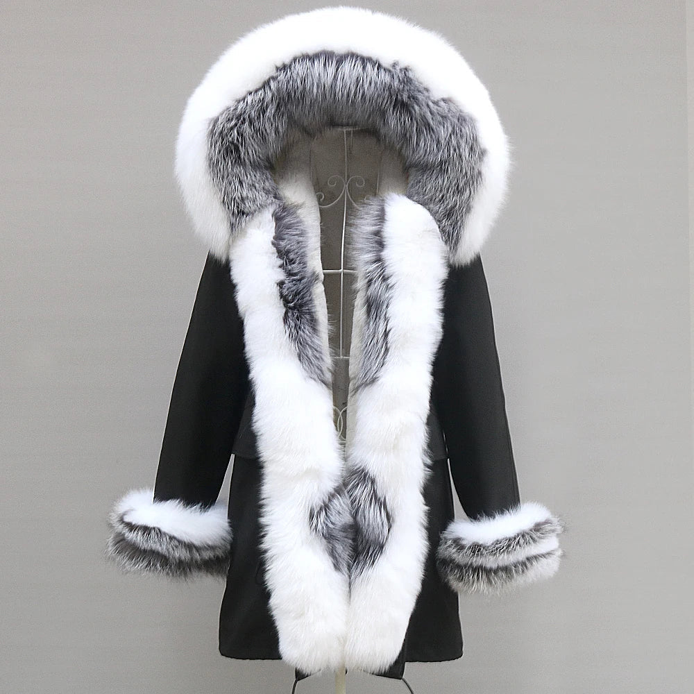 Vinterparkas för dam med stor pälskantad huva och pälskrage, svart
