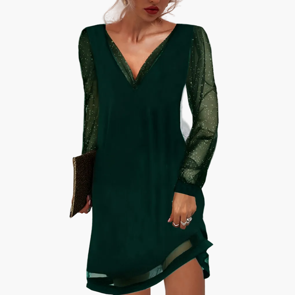 Damklänning med V-ringning och Transparenta Ärmar – Elegant Fest och Kvällslook