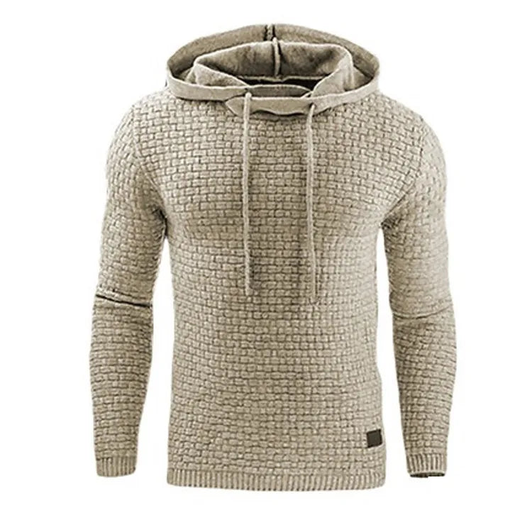 Rutig hoodie i stickat material med huva och dragsko