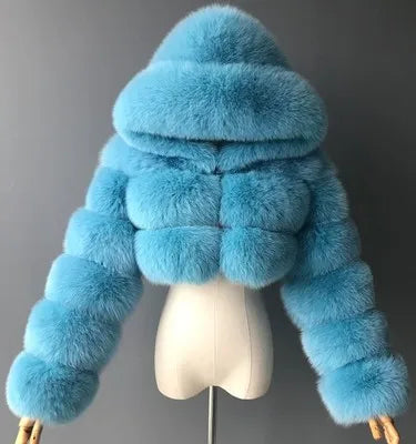 Kort pälsjacka med huva, mjukt material, flera färger