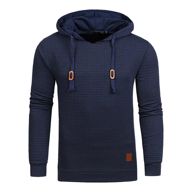 Rutig hoodie i stickat material med huva och dragsko