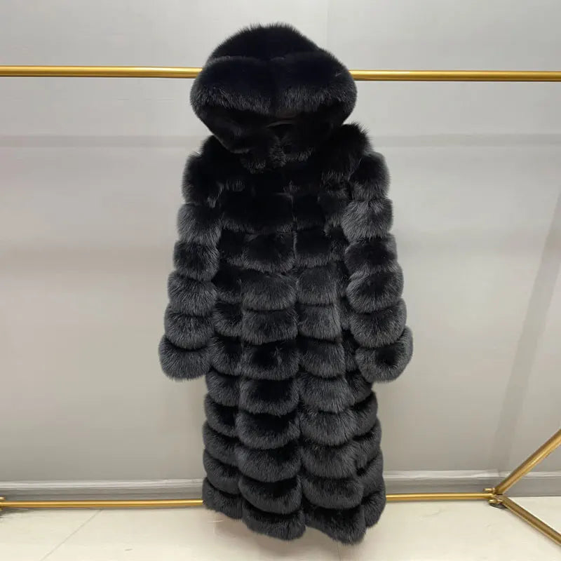 Lång Fuskpälsjacka med Huva för Dam, Vinterkappa i Lagerdesign